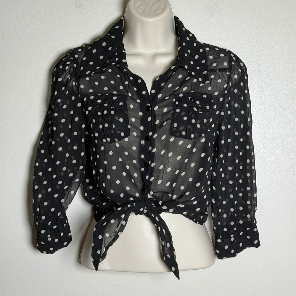 dELiA*s Womens Top S Black Polka Dot Sheer Tie Front Button Up Y2K Retro Pinup
